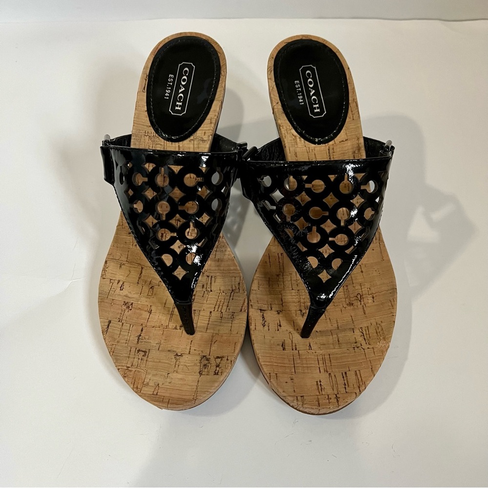 Women’s Coach Black Brookk OP Art patent leather wedge heels shoes. Size 8. - Picture 3 of 11